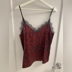 Anine Bing 100% silk camisole, red/black cheetah print, black lace, size L